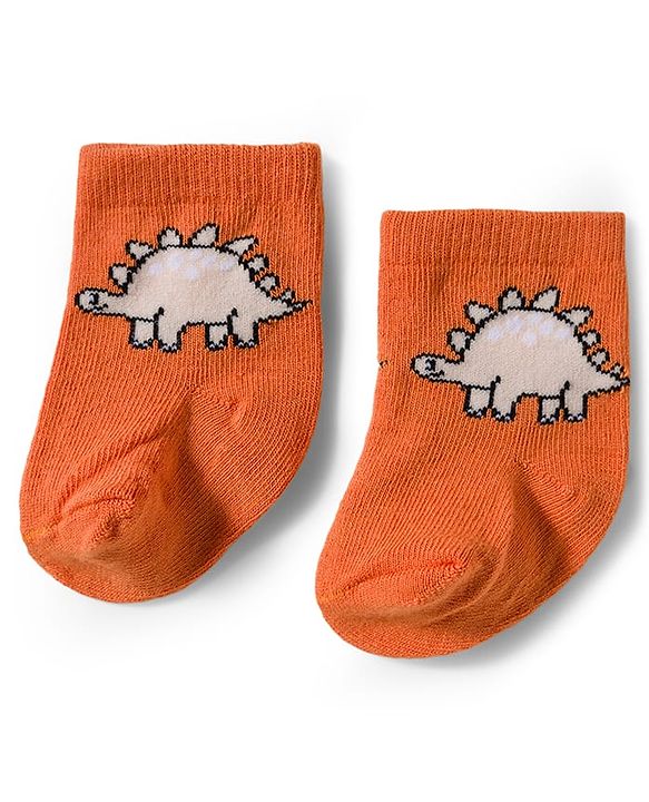 Cute Walk by Babyhug Knit Ankle Length Antibacterial Socks With Dino Design Pack Of 3 - Maroon Orange & Peach