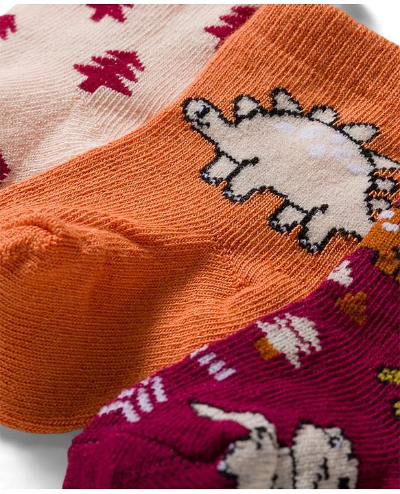 Cute Walk by Babyhug Knit Ankle Length Antibacterial Socks With Dino Design Pack Of 3 - Maroon Orange & Peach