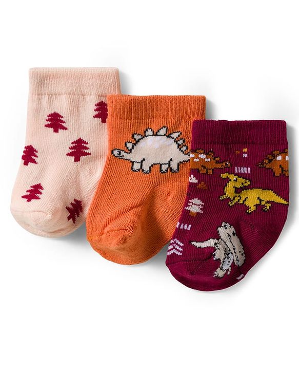 Cute Walk by Babyhug Knit Ankle Length Antibacterial Socks With Dino Design Pack Of 3 - Maroon Orange & Peach