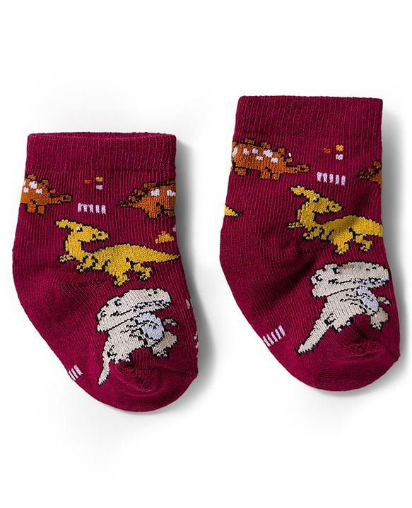 Cute Walk by Babyhug Knit Ankle Length Antibacterial Socks With Dino Design Pack Of 3 - Maroon Orange & Peach