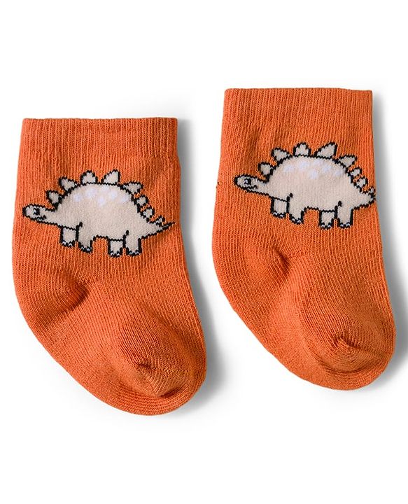 Cute Walk by Babyhug Knit Ankle Length Antibacterial Socks With Dino Design Pack Of 3 - Maroon Orange & Peach