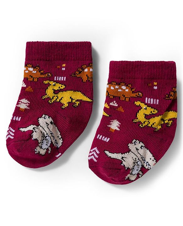 Cute Walk by Babyhug Knit Ankle Length Antibacterial Socks With Dino Design Pack Of 3 - Maroon Orange & Peach