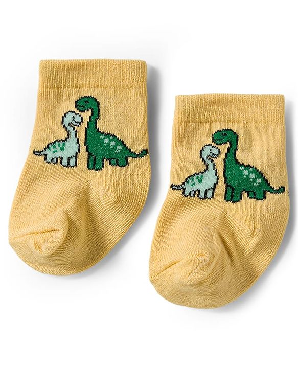 Cute Walk by Babyhug Knit Ankle Length Antibacterial Socks With Dino Design Pack Of 3 - Light Green White & Yellow