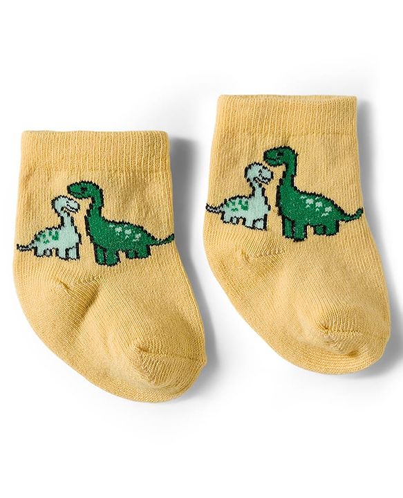 Cute Walk by Babyhug Knit Ankle Length Antibacterial Socks With Dino Design Pack Of 3 - Light Green White & Yellow