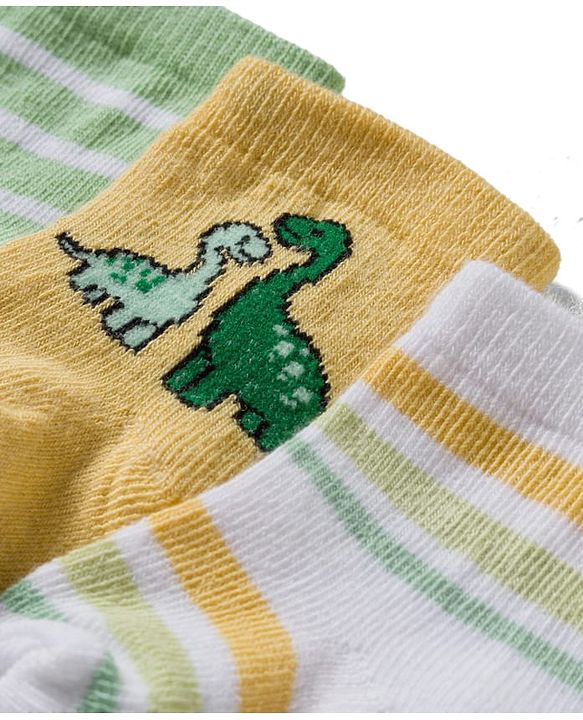 Cute Walk by Babyhug Knit Ankle Length Antibacterial Socks With Dino Design Pack Of 3 - Light Green White & Yellow