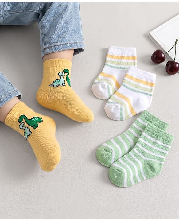 Cute Walk by Babyhug Knit Ankle Length Antibacterial Socks With Dino Design Pack Of 3 - Light Green White & Yellow