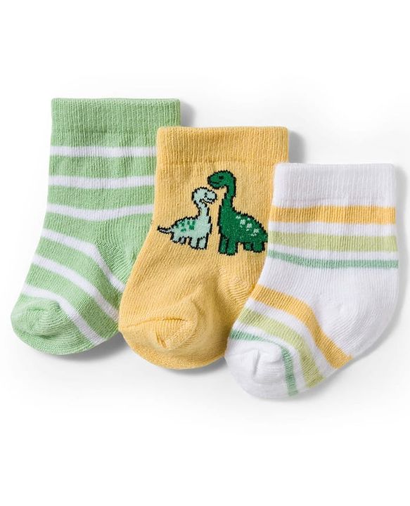 Cute Walk by Babyhug Knit Ankle Length Antibacterial Socks With Dino Design Pack Of 3 - Light Green White & Yellow