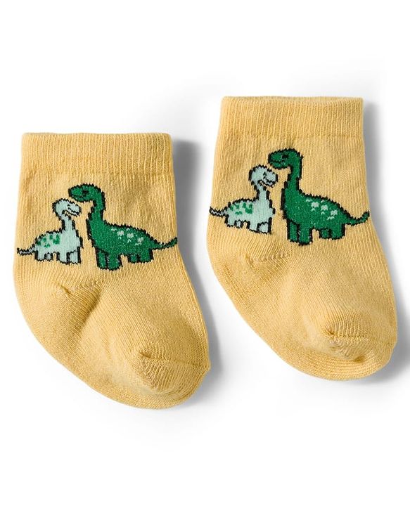 Cute Walk by Babyhug Knit Ankle Length Antibacterial Socks With Dino Design Pack Of 3 - Light Green White & Yellow