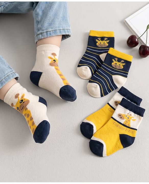 Cute Walk by Babyhug Knit Ankle Length Antibacterial Socks With Animal Design Pack Of 3 - Yellow