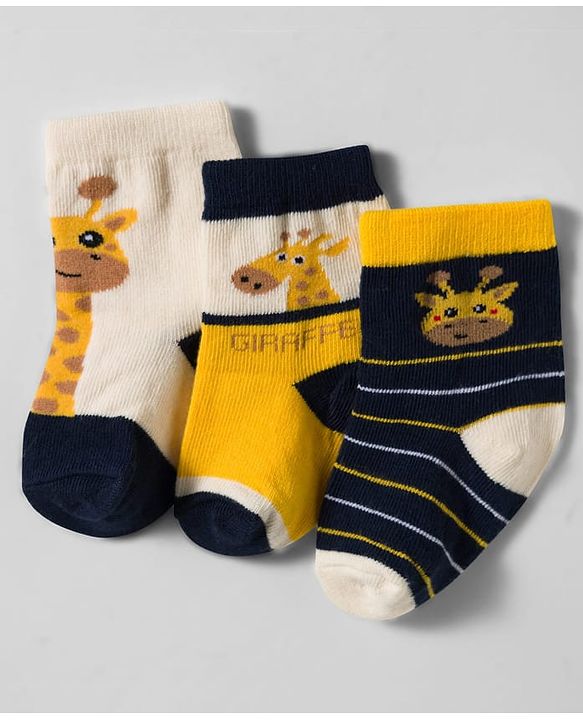 Cute Walk by Babyhug Knit Ankle Length Antibacterial Socks With Animal Design Pack Of 3 - Yellow