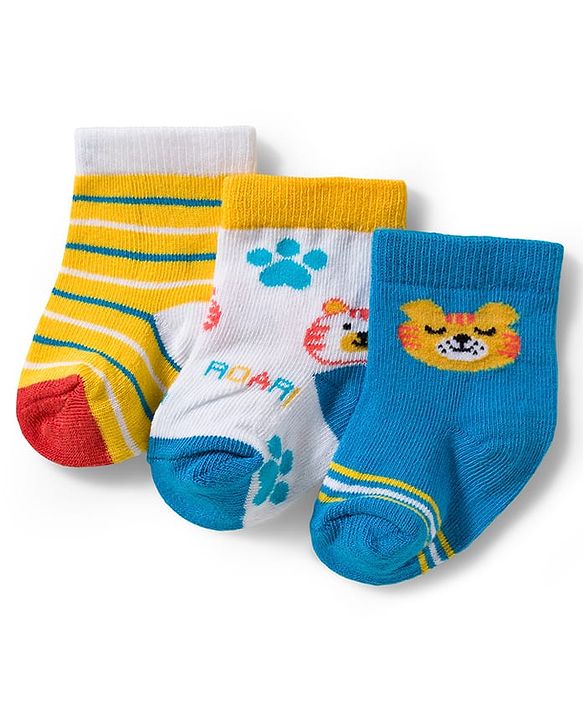 Cute Walk by Babyhug Knit Ankle Length Antibacterial Socks With Stripe & Animal Design Pack Of 3 - Blue White & Yellow
