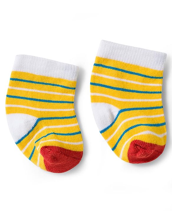 Cute Walk by Babyhug Knit Ankle Length Antibacterial Socks With Stripe & Animal Design Pack Of 3 - Blue White & Yellow
