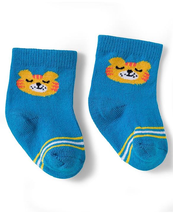 Cute Walk by Babyhug Knit Ankle Length Antibacterial Socks With Stripe & Animal Design Pack Of 3 - Blue White & Yellow
