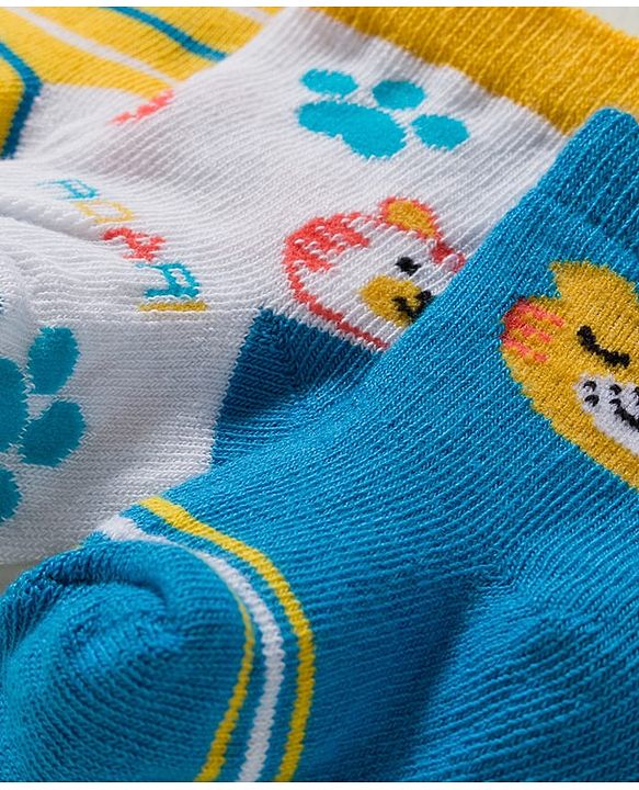 Cute Walk by Babyhug Knit Ankle Length Antibacterial Socks With Stripe & Animal Design Pack Of 3 - Blue White & Yellow
