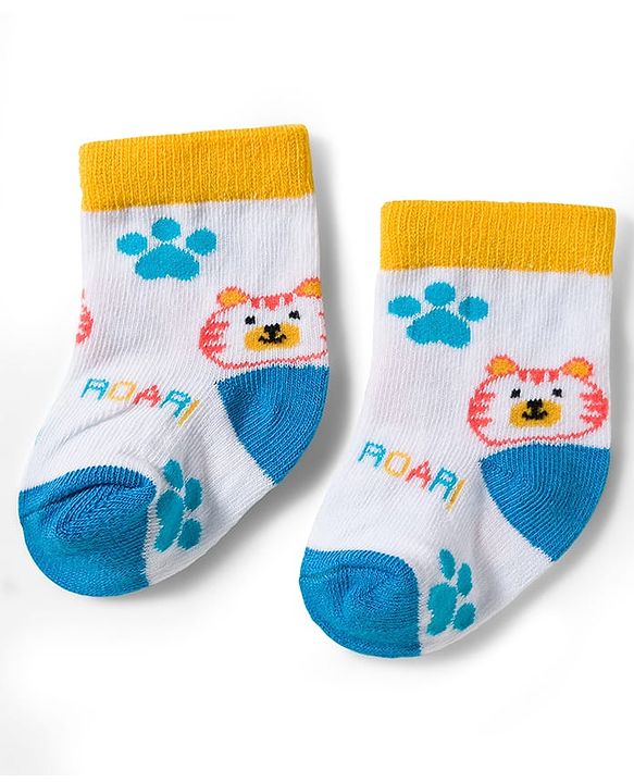 Cute Walk by Babyhug Knit Ankle Length Antibacterial Socks With Stripe & Animal Design Pack Of 3 - Blue White & Yellow