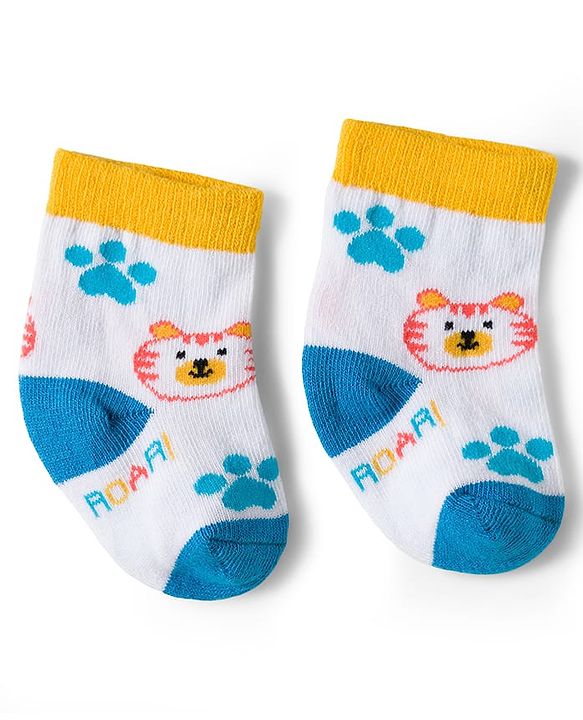 Cute Walk by Babyhug Knit Ankle Length Antibacterial Socks With Stripe & Animal Design Pack Of 3 - Blue White & Yellow