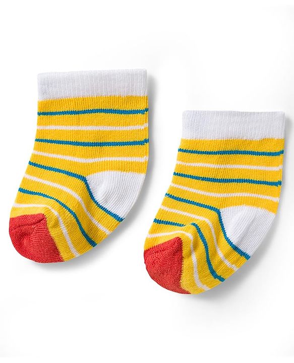 Cute Walk by Babyhug Knit Ankle Length Antibacterial Socks With Stripe & Animal Design Pack Of 3 - Blue White & Yellow