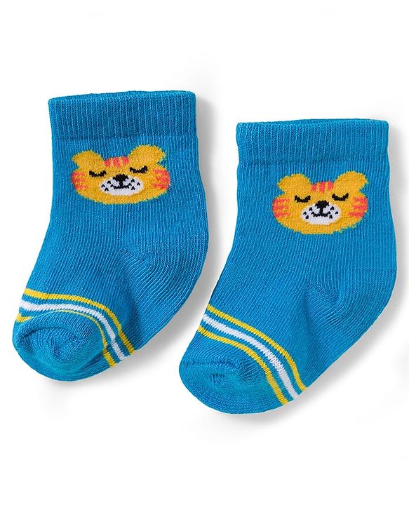Cute Walk by Babyhug Knit Ankle Length Antibacterial Socks With Stripe & Animal Design Pack Of 3 - Blue White & Yellow
