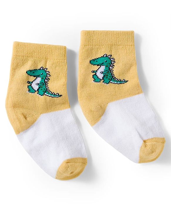 Cute Walk by Babyhug Knit Ankle Length Antibacterial Socks With Stripes & Animal Print Pack Of 3 - Yellow & White