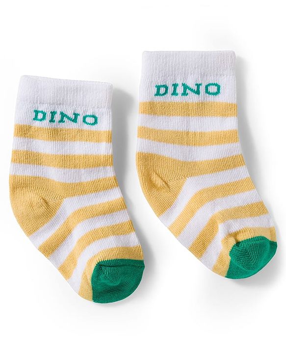 Cute Walk by Babyhug Knit Ankle Length Antibacterial Socks With Stripes & Animal Print Pack Of 3 - Yellow & White