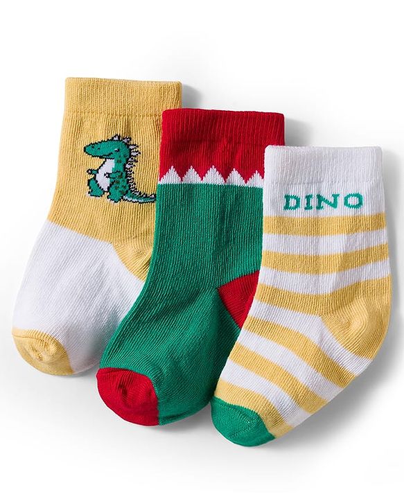 Cute Walk by Babyhug Knit Ankle Length Antibacterial Socks With Stripes & Animal Print Pack Of 3 - Yellow & White