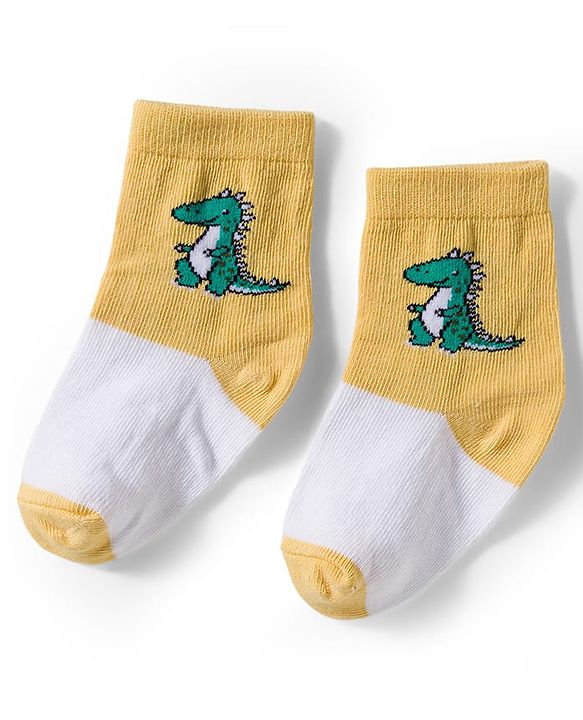 Cute Walk by Babyhug Knit Ankle Length Antibacterial Socks With Stripes & Animal Print Pack Of 3 - Yellow & White