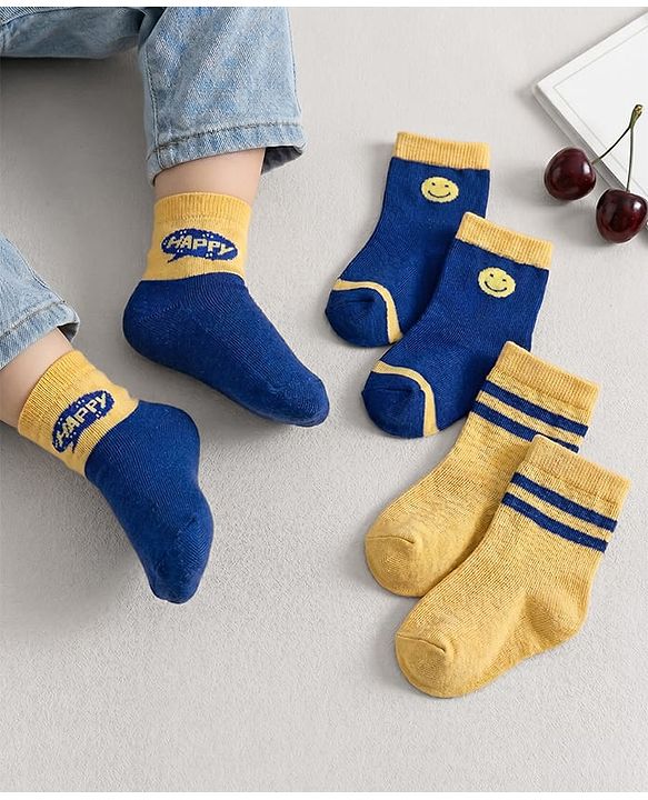 Cute Walk by Babyhug Knit Ankle Length Antibacterial Socks With Stripes & Smiley Print Pack Of 3 - Blue & Yellow