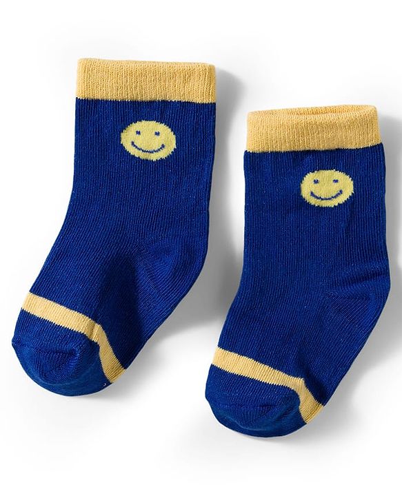 Cute Walk by Babyhug Knit Ankle Length Antibacterial Socks With Stripes & Smiley Print Pack Of 3 - Blue & Yellow