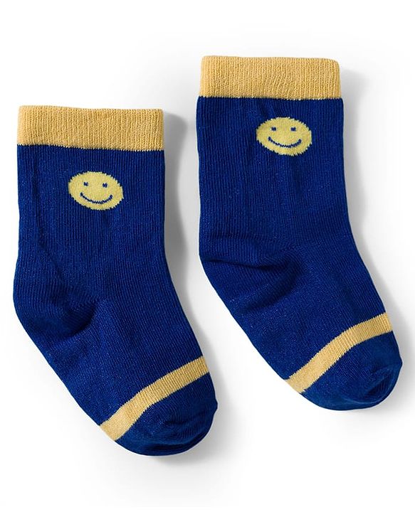 Cute Walk by Babyhug Knit Ankle Length Antibacterial Socks With Stripes & Smiley Print Pack Of 3 - Blue & Yellow