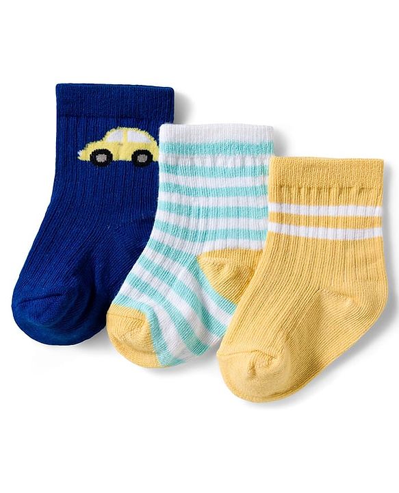 Cute Walk by Babyhug Knit Ankle Length Antibacterial Socks With Stripe & Vehicle Design Pack Of 3 - Navy Blue Light Blue & Yellow