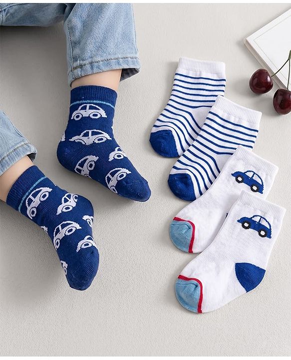 Cute Walk by Babyhug Knit Ankle Length Antibacterial Socks With Stripes & Vehicle Print Pack Of 3 - Blue & White