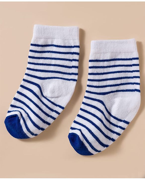 Cute Walk by Babyhug Knit Ankle Length Antibacterial Socks With Stripes & Vehicle Print Pack Of 3 - Blue & White