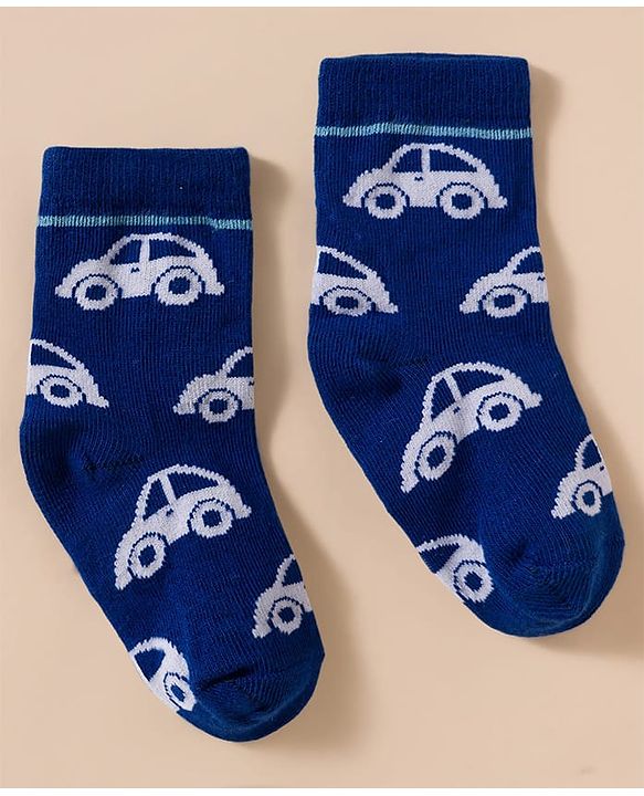 Cute Walk by Babyhug Knit Ankle Length Antibacterial Socks With Stripes & Vehicle Print Pack Of 3 - Blue & White