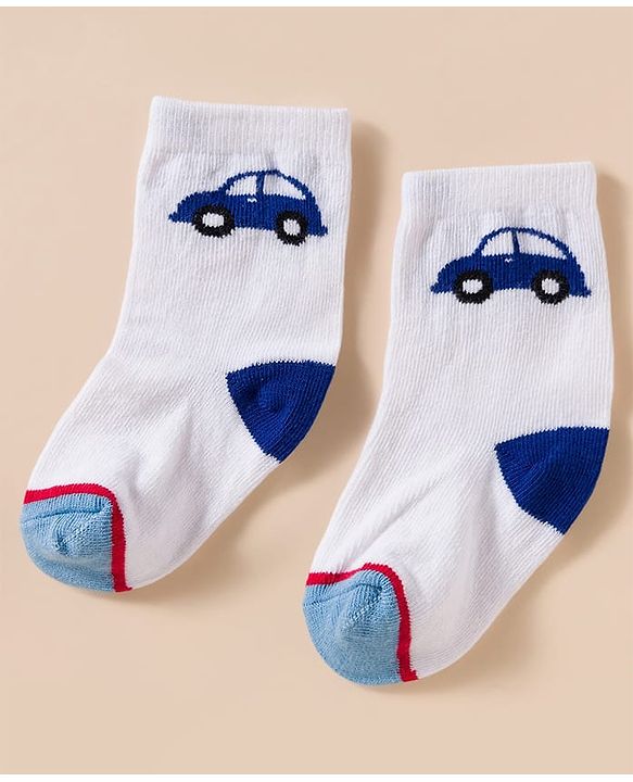 Cute Walk by Babyhug Knit Ankle Length Antibacterial Socks With Stripes & Vehicle Print Pack Of 3 - Blue & White