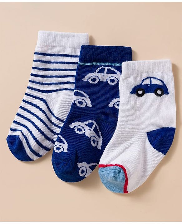 Cute Walk by Babyhug Knit Ankle Length Antibacterial Socks With Stripes & Vehicle Print Pack Of 3 - Blue & White