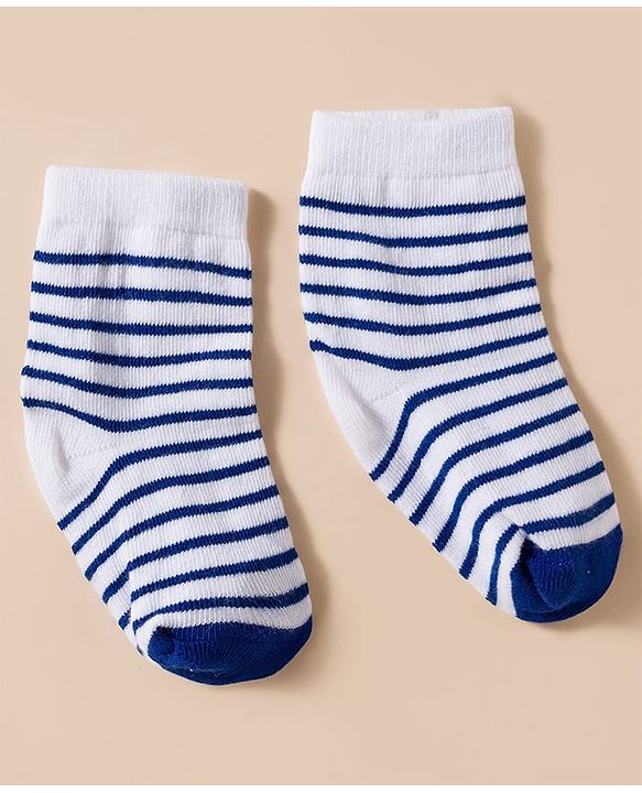 Cute Walk by Babyhug Knit Ankle Length Antibacterial Socks With Stripes & Vehicle Print Pack Of 3 - Blue & White