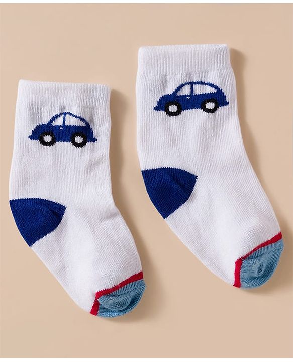 Cute Walk by Babyhug Knit Ankle Length Antibacterial Socks With Stripes & Vehicle Print Pack Of 3 - Blue & White