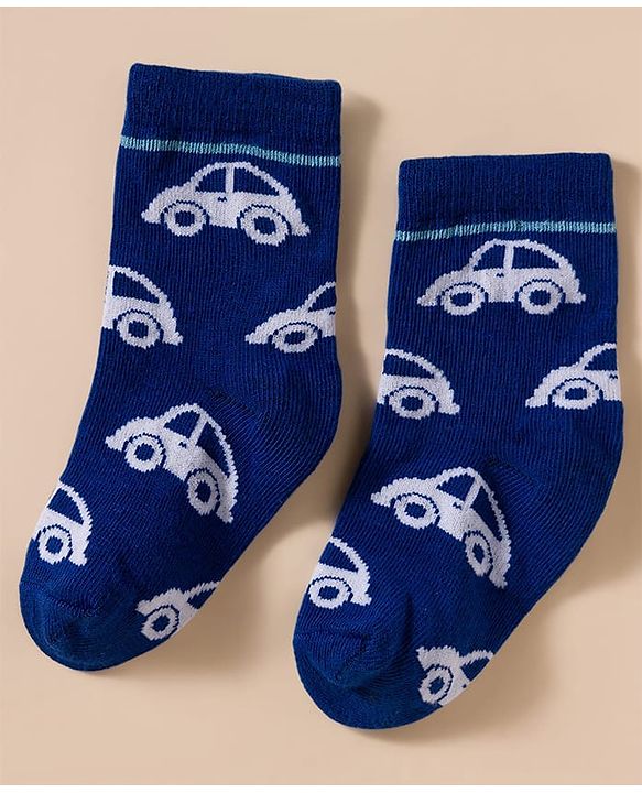 Cute Walk by Babyhug Knit Ankle Length Antibacterial Socks With Stripes & Vehicle Print Pack Of 3 - Blue & White