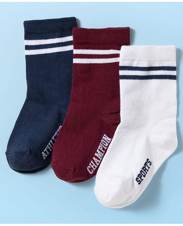 Cute Walk by Babyhug Knit Ankle Length Antibacterial Socks With Stripe Design Pack Of 3 - Navy Blue White & Maroon