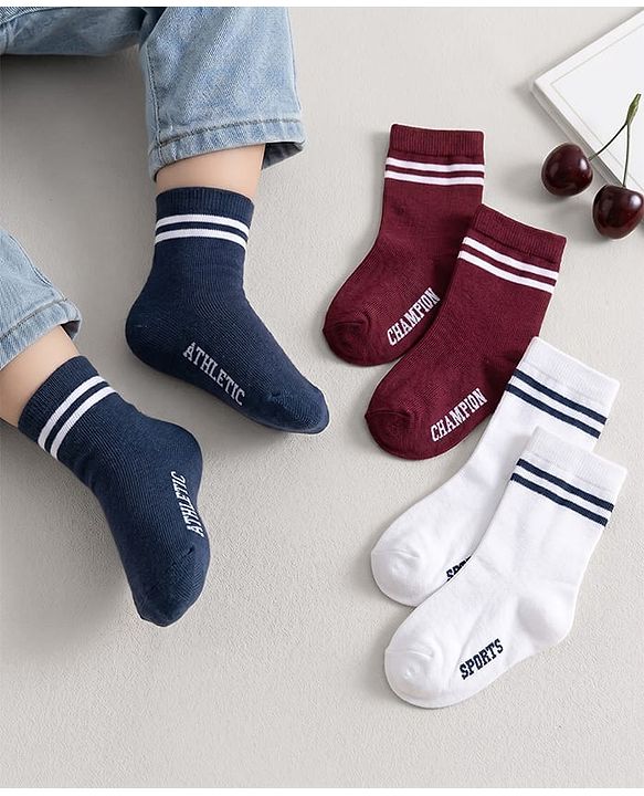 Cute Walk by Babyhug Knit Ankle Length Antibacterial Socks With Stripe Design Pack Of 3 - Navy Blue White & Maroon