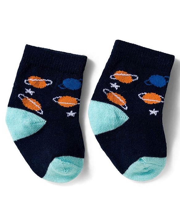 Cute Walk by Babyhug Knit Ankle Length Antibacterial Socks With Space Design Pack Of 3 - Navy Blue & Light Blue