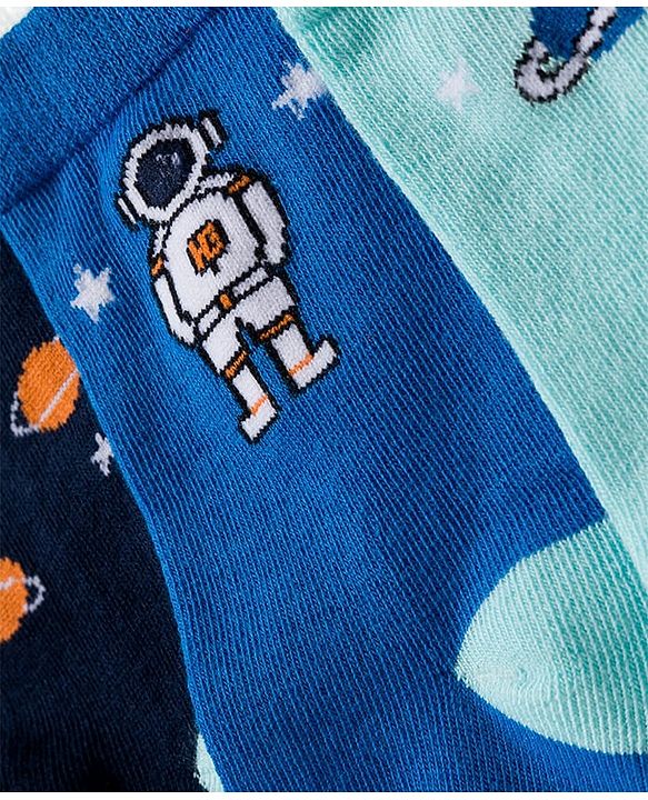 Cute Walk by Babyhug Knit Ankle Length Antibacterial Socks With Space Design Pack Of 3 - Navy Blue & Light Blue