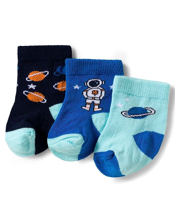Cute Walk by Babyhug Knit Ankle Length Antibacterial Socks With Space Design Pack Of 3 - Navy Blue & Light Blue