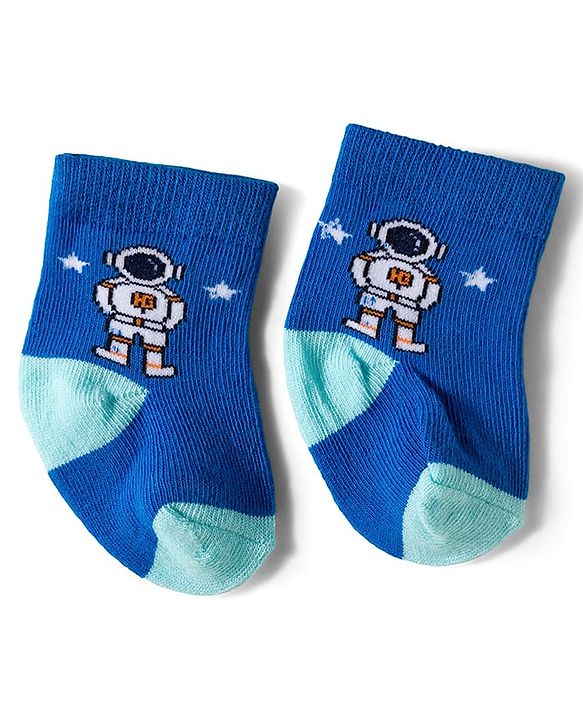 Cute Walk by Babyhug Knit Ankle Length Antibacterial Socks With Space Design Pack Of 3 - Navy Blue & Light Blue