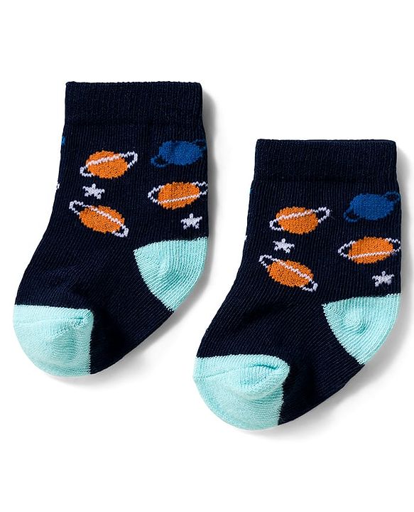 Cute Walk by Babyhug Knit Ankle Length Antibacterial Socks With Space Design Pack Of 3 - Navy Blue & Light Blue