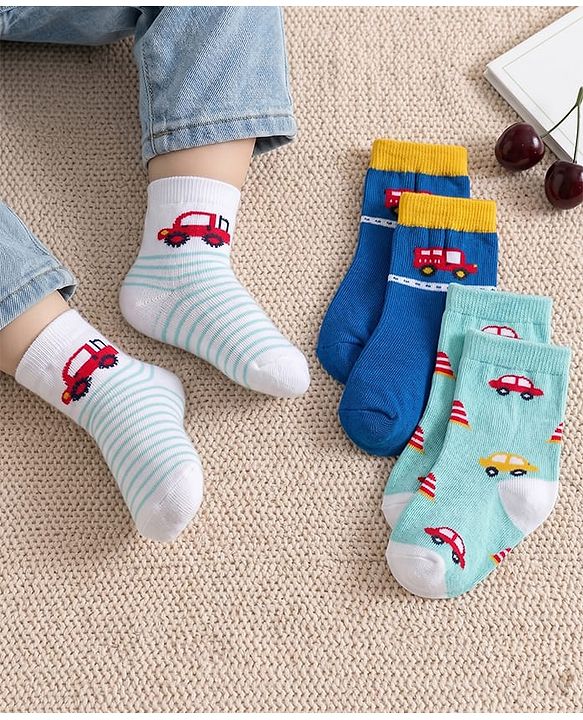 Cute Walk by Babyhug Knit Ankle Length Antibacterial Socks With Stripes & Vehicle Print Pack Of 3 - Blue & Light Blue