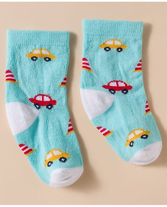 Cute Walk by Babyhug Knit Ankle Length Antibacterial Socks With Stripes & Vehicle Print Pack Of 3 - Blue & Light Blue