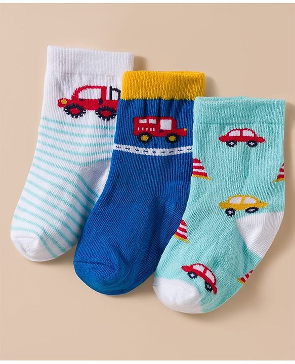 Cute Walk by Babyhug Knit Ankle Length Antibacterial Socks With Stripes & Vehicle Print Pack Of 3 - Blue & Light Blue