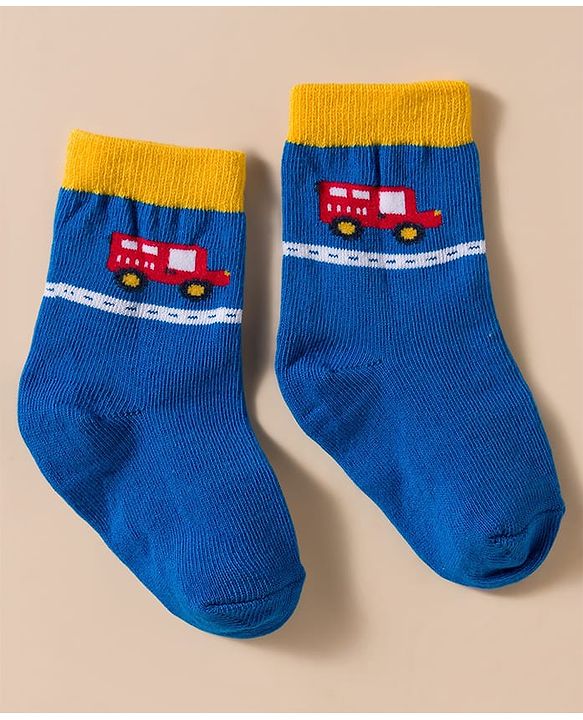Cute Walk by Babyhug Knit Ankle Length Antibacterial Socks With Stripes & Vehicle Print Pack Of 3 - Blue & Light Blue