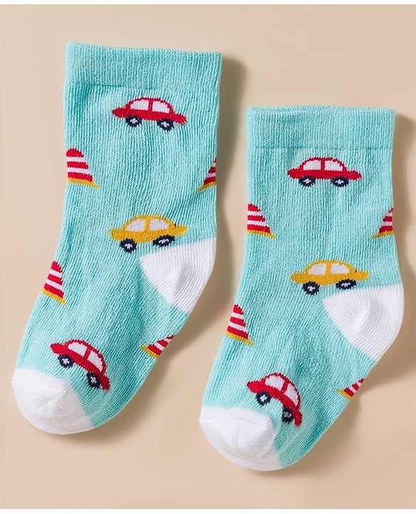 Cute Walk by Babyhug Knit Ankle Length Antibacterial Socks With Stripes & Vehicle Print Pack Of 3 - Blue & Light Blue